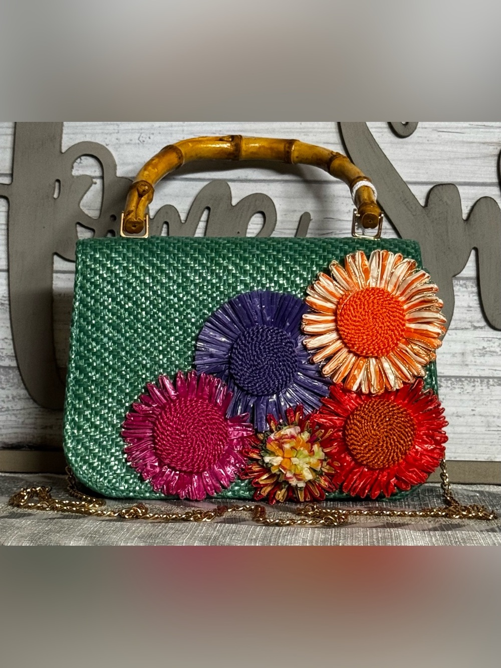 Haute Hippie Green Woven Satchel with Multicolor Floral Accents - Picture 2 of 6